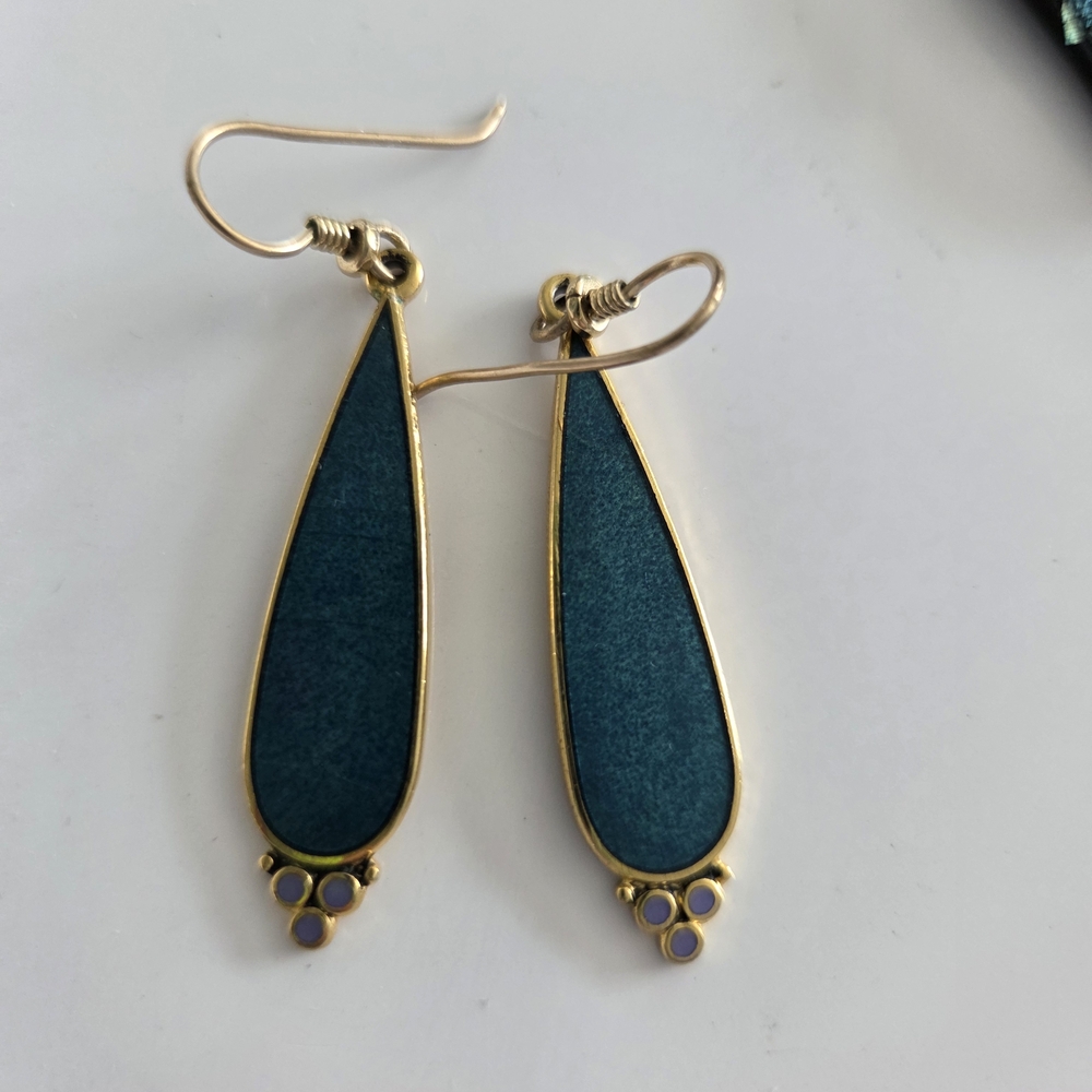 Vintage, Laura Burch, Elegant Goldtone and Teal Drop Earrings